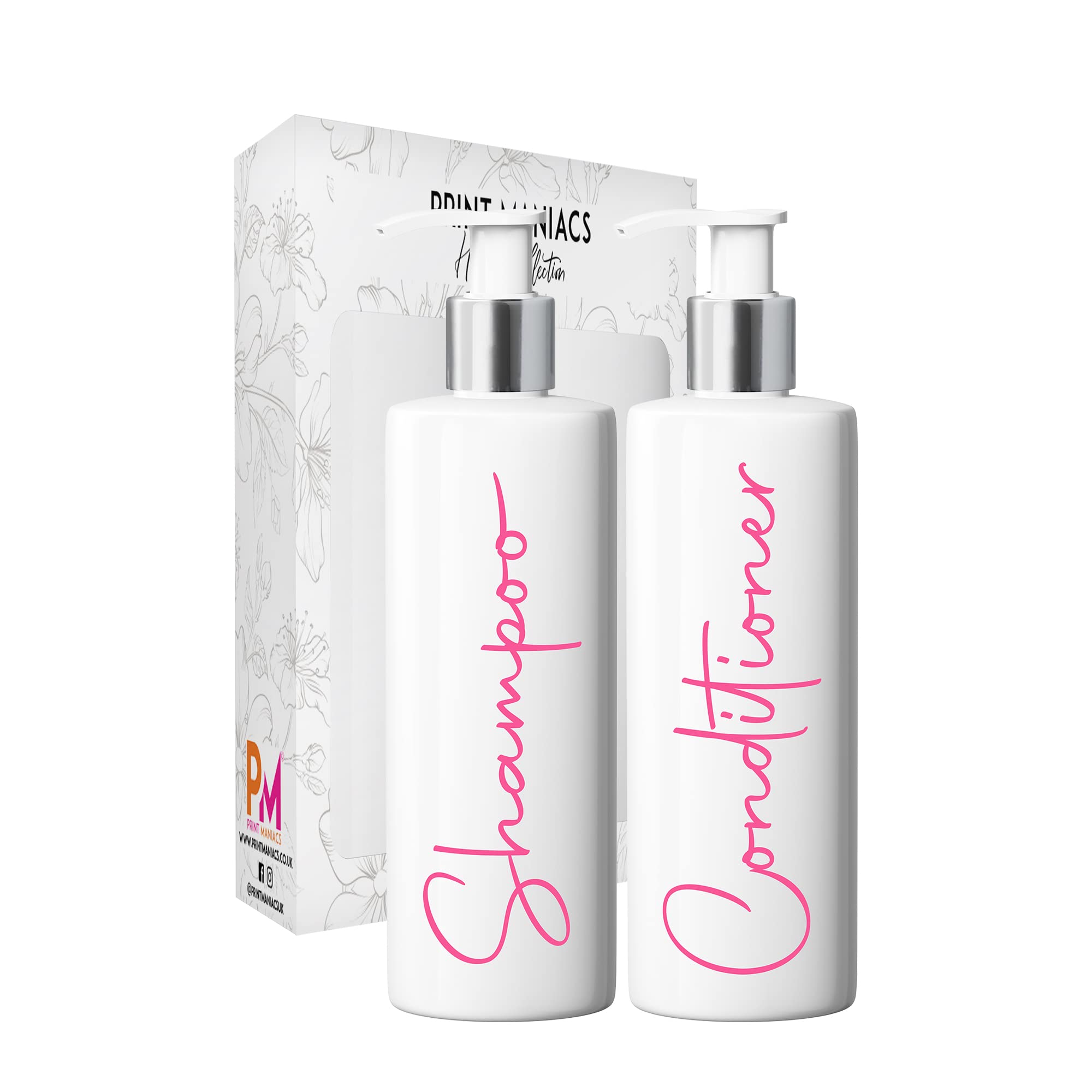 Print Maniacs Mrs Hinch Inspired White Personalised Dispenser Pump Bottles Shampoo Conditioner 2 Set F2 (Baby PInk)