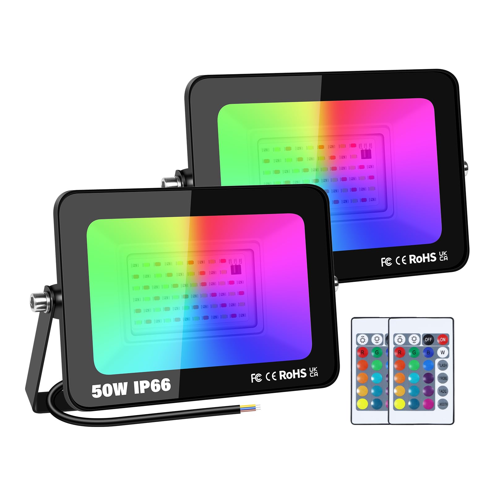 PICAA LED Floodlight Outdoor Security Light,50W RGB Colour Changing Flood Lights with Remote Control IP66 Waterproof Dimmable Flood Lights Wall Light for Garden Party Stage(2 Pack) — image 1