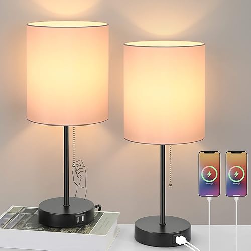 Table Lamps Set of 2 with USB Charging Ports, Pink Bedside Lamps with AC Outlet, Nightstand Lamps with Pull Chain Switch, Minimalist Modern Desk Lamps with Fabric Shade for Living Room Bedroom Office
