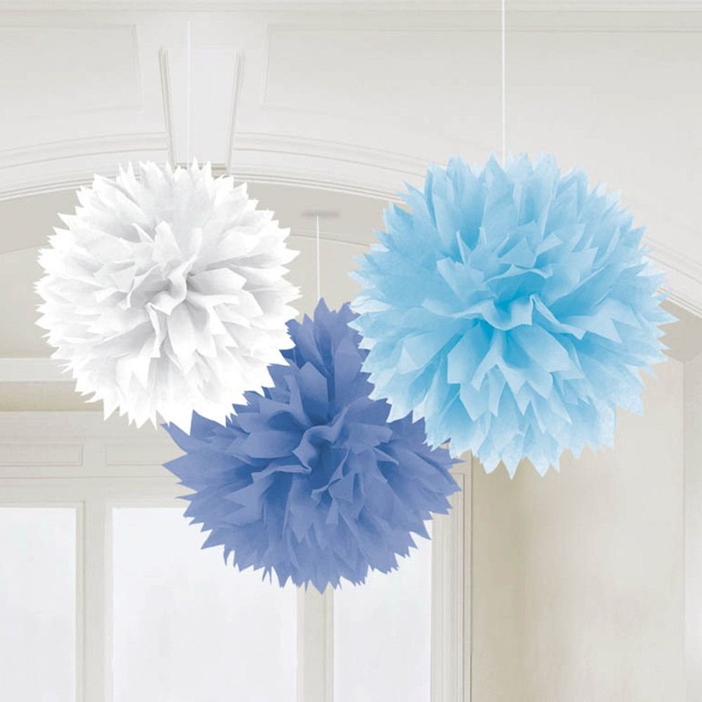 Multi Colour Blue Fluffy Tissue Decorations 40.6cm /3
