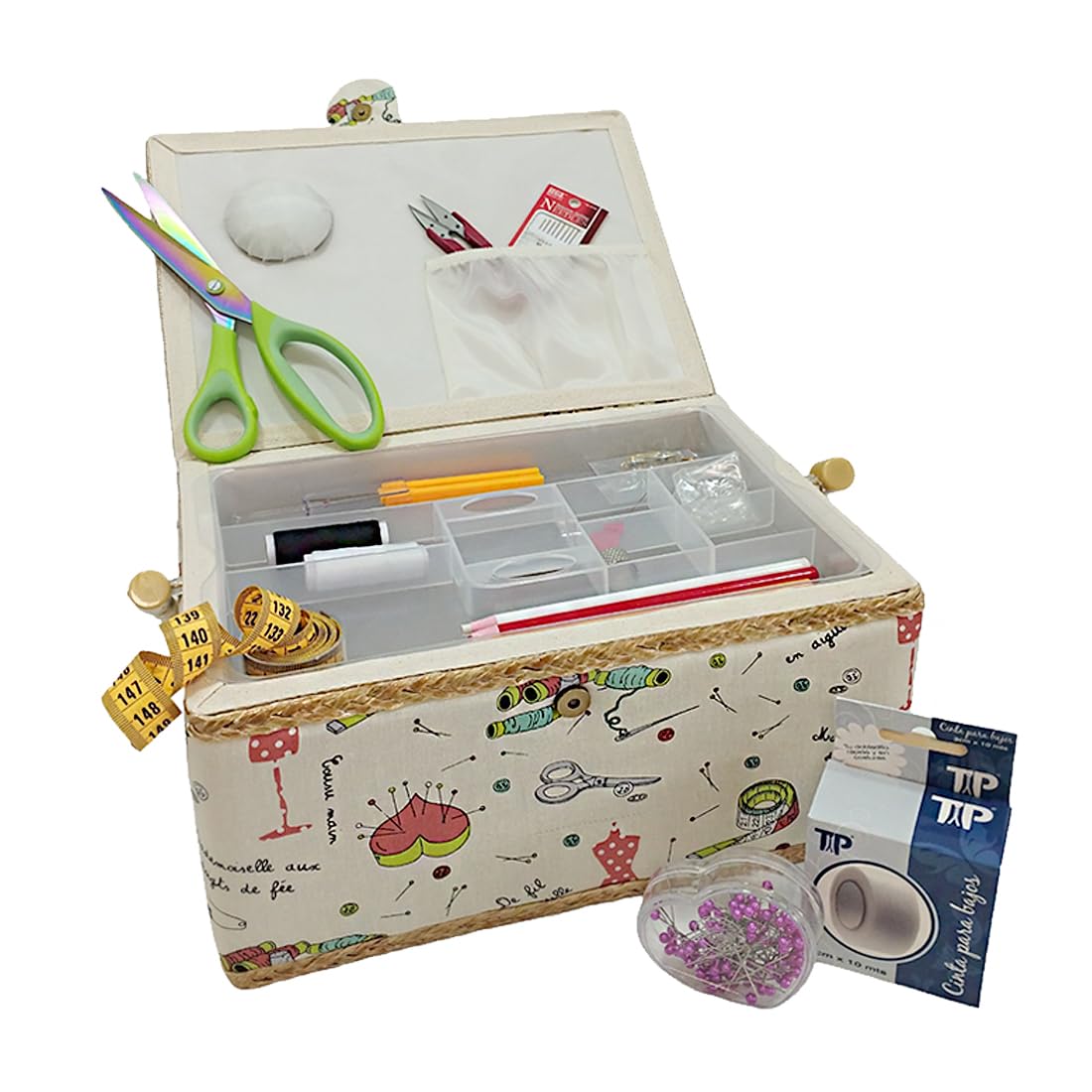JYC CREATIVE Large Sewing Box with Sewing Accessories, Fabric Lined Sewing Box with Compartments, Complete Sewing Box, Gift for Mothers, Friends, Sisters,