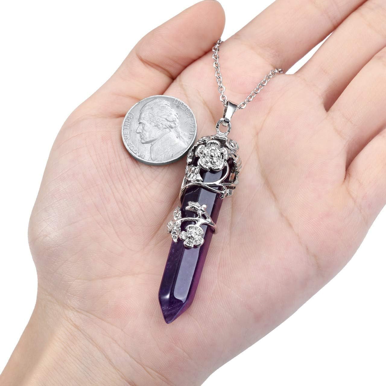 Jovivi Amethyst Crystal Point Pendant Necklace for Women Silver Flower Wrapped Purple Hexagonal Stone Chakra Necklace Gemstone Jewellery Gifts - Image 5