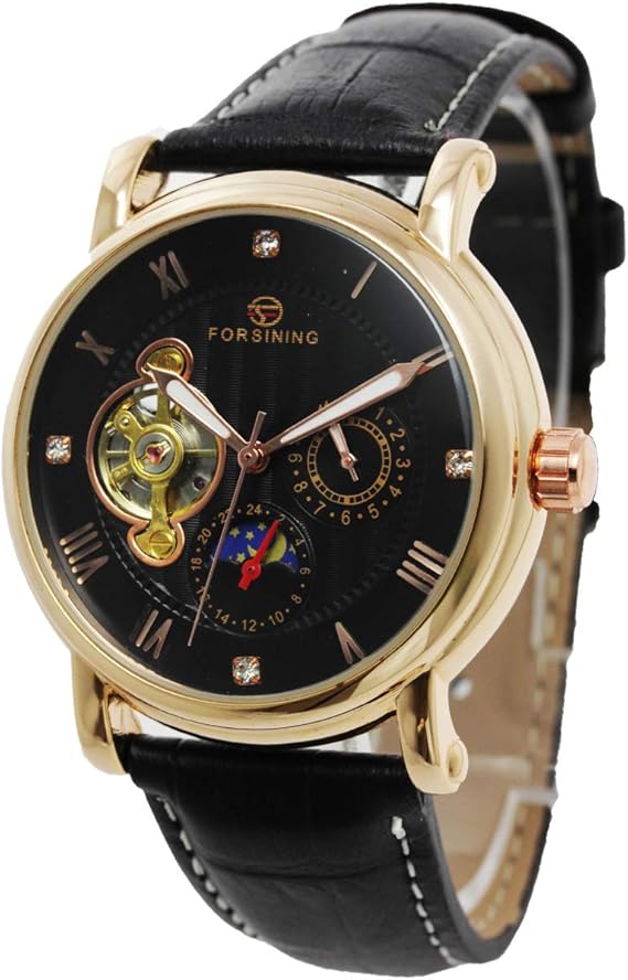 Amazon 自動巻き 腕時計 メンズ 防水 革ベルト サン ムーン ビジネス ウォッチ g117 ブラック メンズ腕時計 腕時計 通販