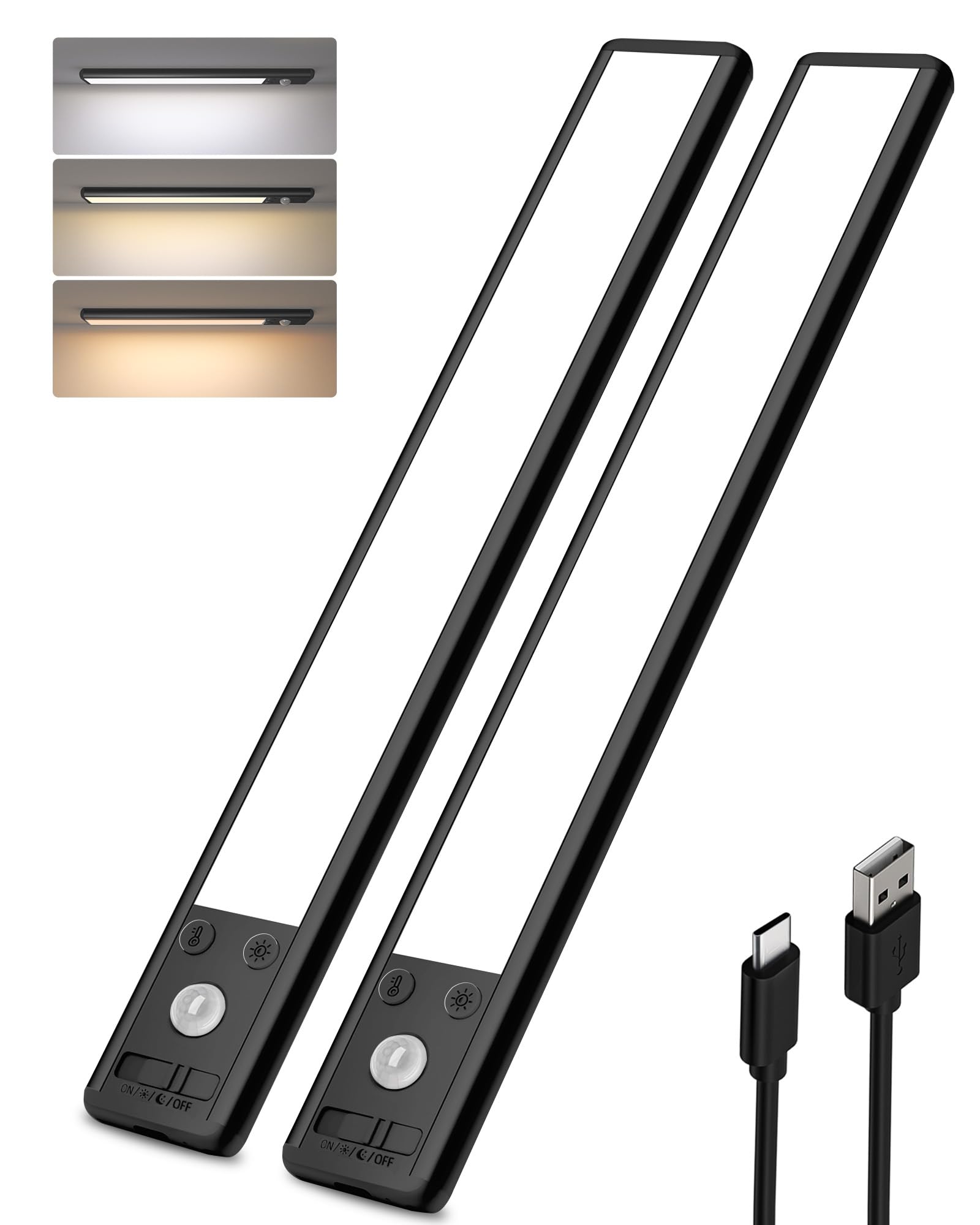 EZVALO Under Cabinet Lighting, 3500mAh Rechargeable Motion Sensor Light Indoor, 3 Color Temps, 5-Level Dimmable Magnetic Wireless Closet Lights for Kitchen, Stairs (Black, 2 Pack) Image