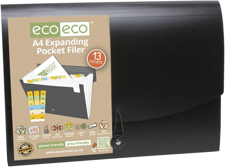 Eco-eco A4 50% Gerecycleerd 7 Clear Pocket Black Cover Accordeon