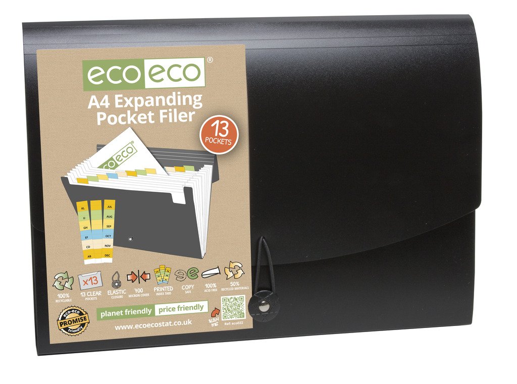 eco-eco A4 50% Recycled 13 Clear Pocket Black Cover Expanding File Organiser - Document Folder - Printed Index Tabs