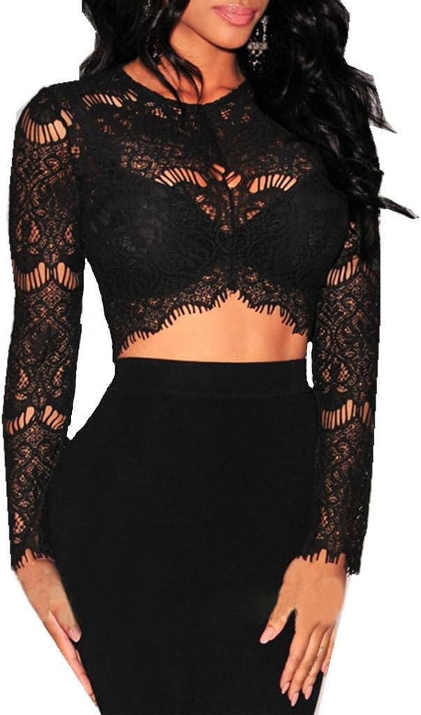 Forinie Women's Cutouts Sheer Lace Long Sleeves Crop Top One Size Black