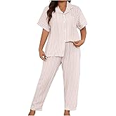 Verdusa Women's Plus Size 2 Piece Striped Pajama Sets Lounge Sleepwear Button Down Shirt with Pants