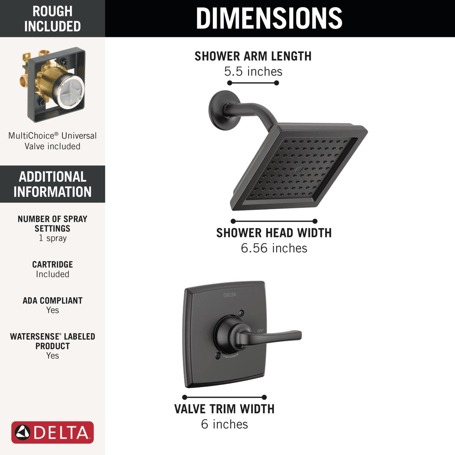 Delta Geist 14 Series Shower Faucet Set, Matte Black Shower Head and Handle Set, Valve Trim Kit, Matte Black 142864-BL (Valve Included)