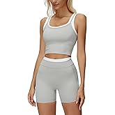 QBGJTD Women Two Piece Workout Sets Color Block Backless Tank Top and High Waist Booty Lifting Shorts Gym Yoga Active Outfits