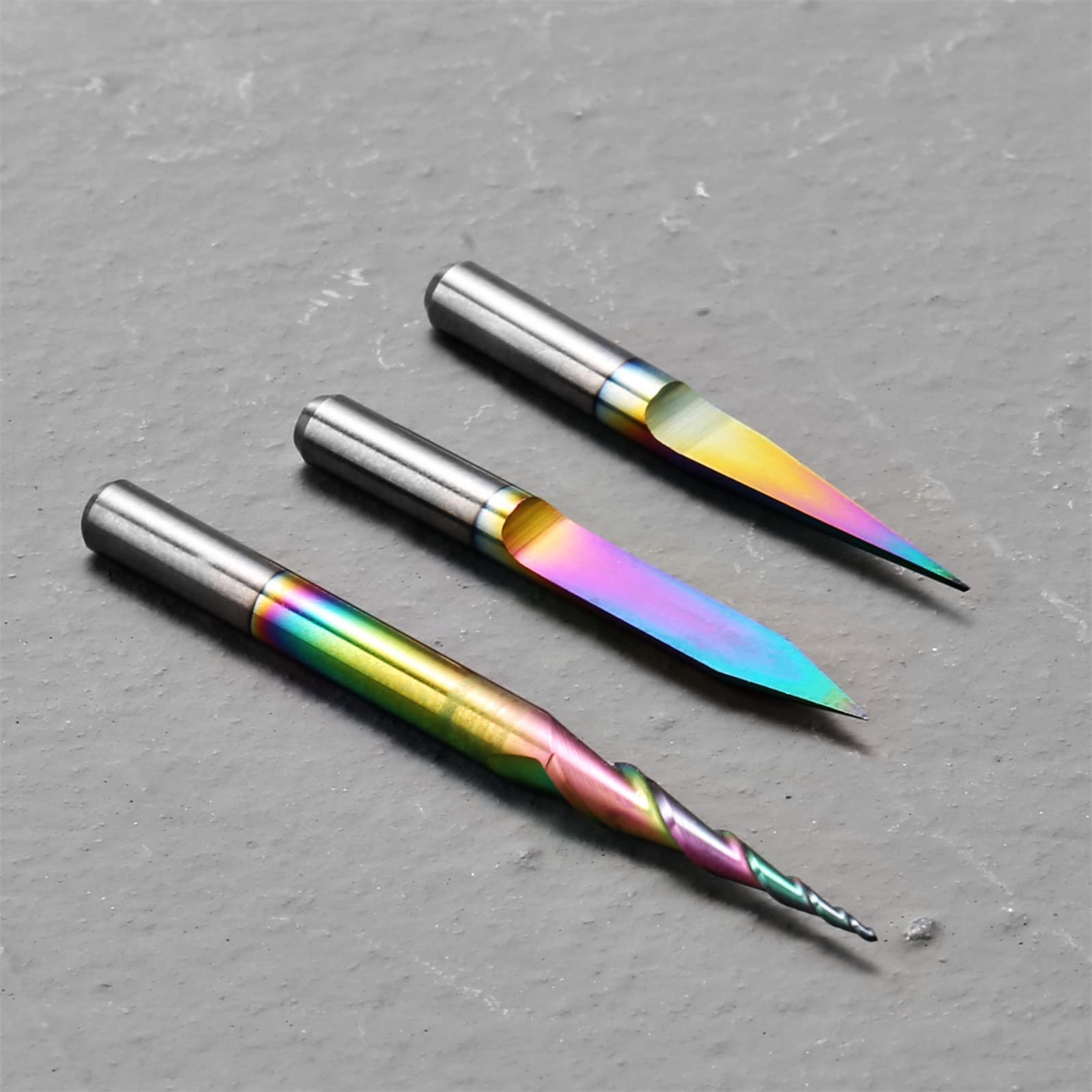 3PCS V-Shape Tapered Ball Nose End Mills for Aluminum, Copper, Brass Engraving and Other Metals Carving, Chromatic Coating CNC Bits, 1/8''(3.175mm) Shank, EM03A