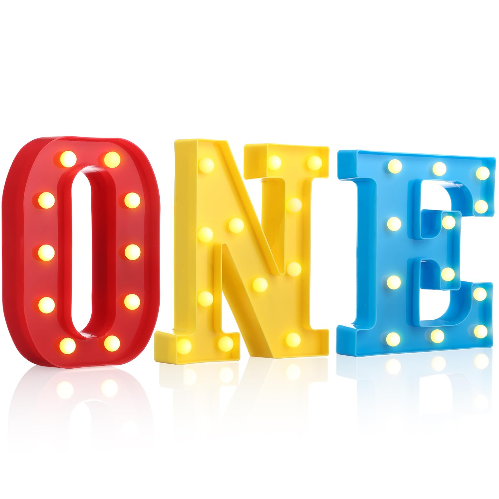 Photo 1 of Aurelema Cartoon One Letter LED Lights, Toy Inspire 8.9 Inch Battery Powered LED Marquee Letters Lights Sign for One Year Old First Birthday Party Supplies Table Centerpieces Backdrop Photo Prop Decor