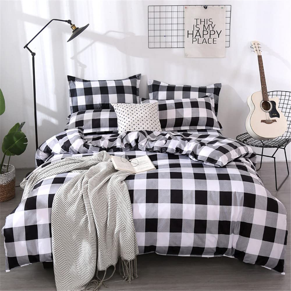 FANSU Double Duvet Cover Set Checkered Grid Plaid Patterned, Microfiber Soft Bedding Sets 3 pcs Quilt Cover with Zipper Closure and 2 Pillowcases 50x75cm (Double-200x200cm, Black gray white)