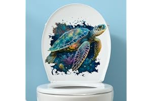 Bonfage Colorful Turtle Toilet Cover Sticker Decals,Fish Bird Flower Leaf Waterproof Toilet Lid Tank Seat Decals Cistern Self-Adhesive Bathroom Wall Sticker, White