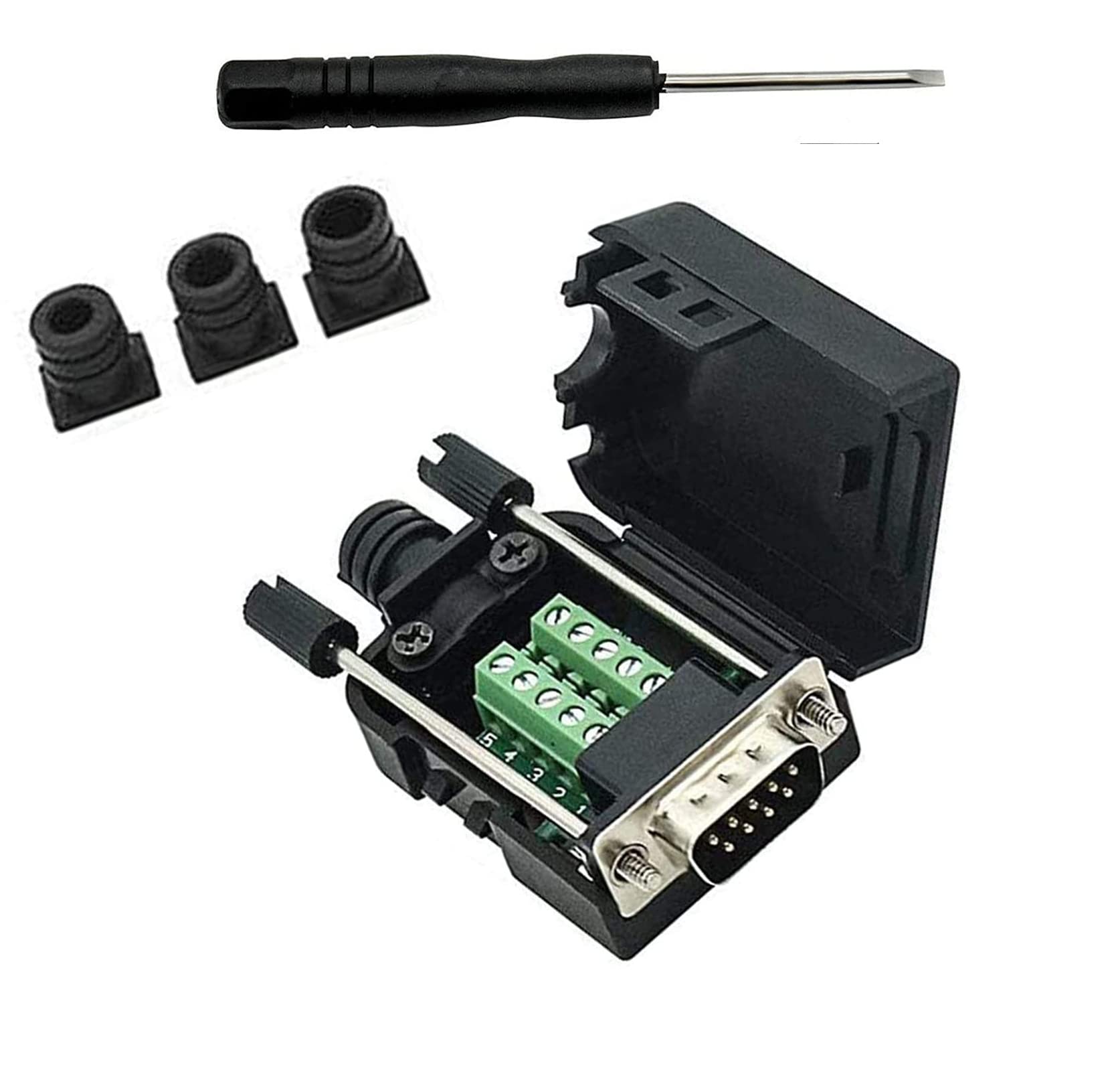 SHANFEILU DB9 Breakout Connector to Wiring Solderless Terminal RS232 D-SUB Male Serial Adapter 9pin Port Breakout Board Black Rubber Core with Case,Screwdriver,Long Bolts