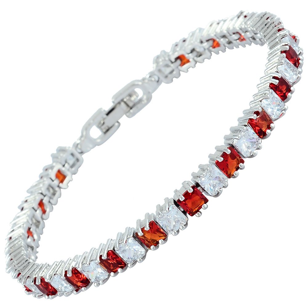 RIZILIA Ice Cubes Tennis Bracelet [18cm/7inch] with Princess Cut Gemstones CZ [Red Ruby] in 18K White Gold Plated, Simple Modern Elegance