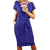 PRETTYGARDEN Women's Summer Short Sleeve Crewneck Striped Dress Basic Solid Tie Waist Office T Shirt Dresses Pockets
