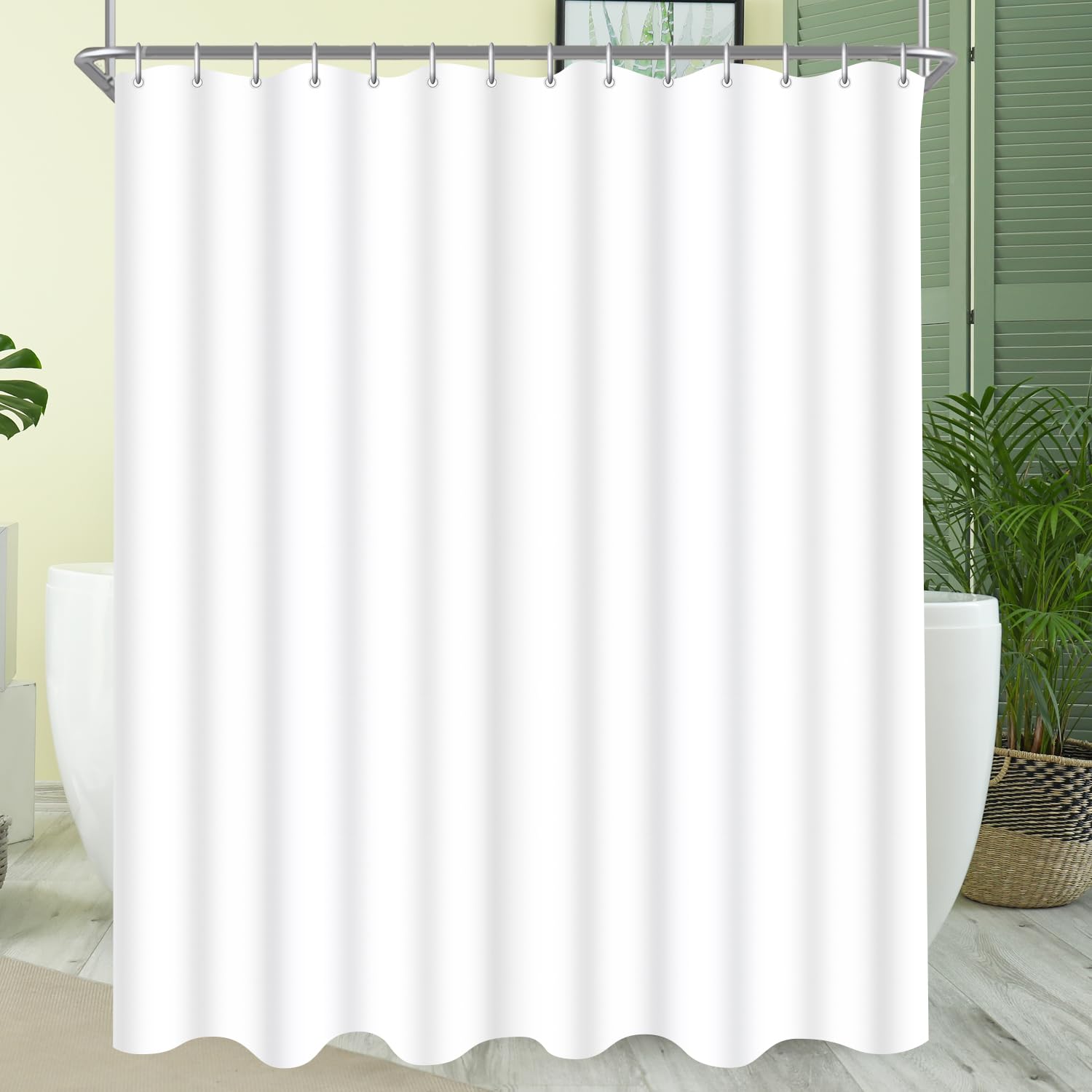 Lerores Shower Curtain, 240 x 200 cm, Pure White, Weighted Hem, Anti-Mould Textile, Water-Repellent, Washable Polyester Fabric Bath Curtains for Bathroom, Bathtub with 14 Shower Curtain Rings