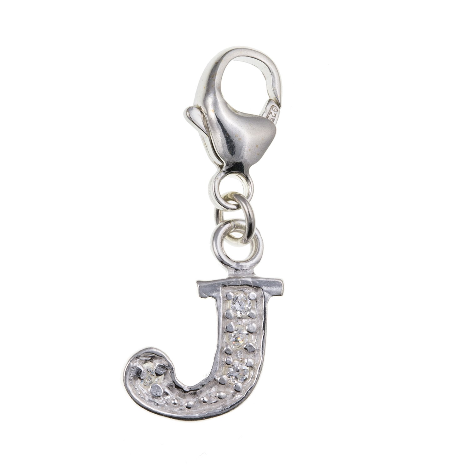 Capital Letter J Alphabet Initial 925 Sterling Silver Clip On Charm Pendant with CZ Cubic Zirconia Stones for Women - Letter Charms Compatible with Thomas Sabo Charms Bracelet Necklace