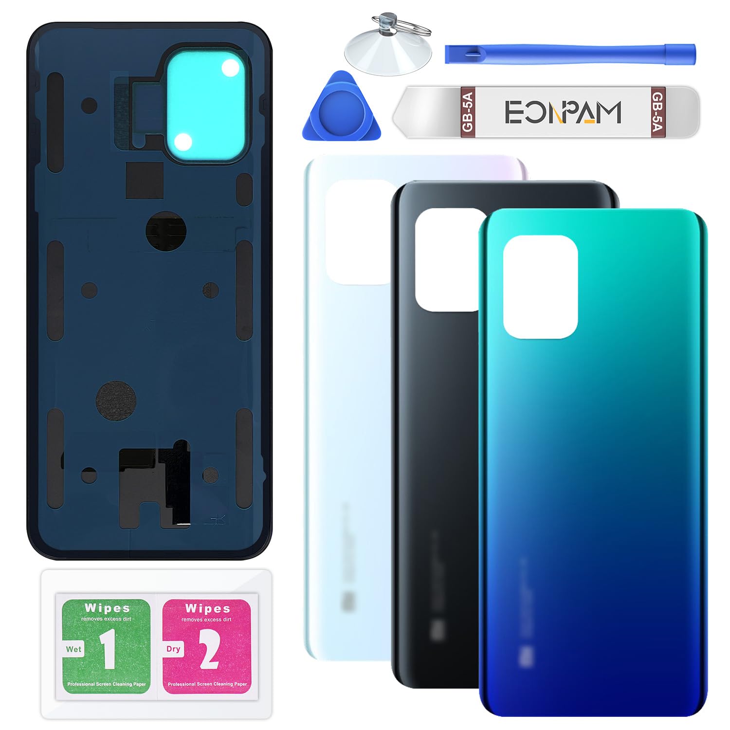 Eonpam Back Cover Glass for Xiaomi Mi 10 Lite 5G Rear Glass Replacement with Repair Kit Genuine Rear Housing（Blue）