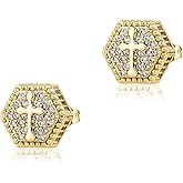 TOPGRILLZ Cross Square Stud Earrings 14K Gold Silver 5A+ Cubic Zirconia Iced Out Sparkle hypoallergenic Cartilage 925 Sterling Silver Square Flat Stud Cross Earrings For Men Women
