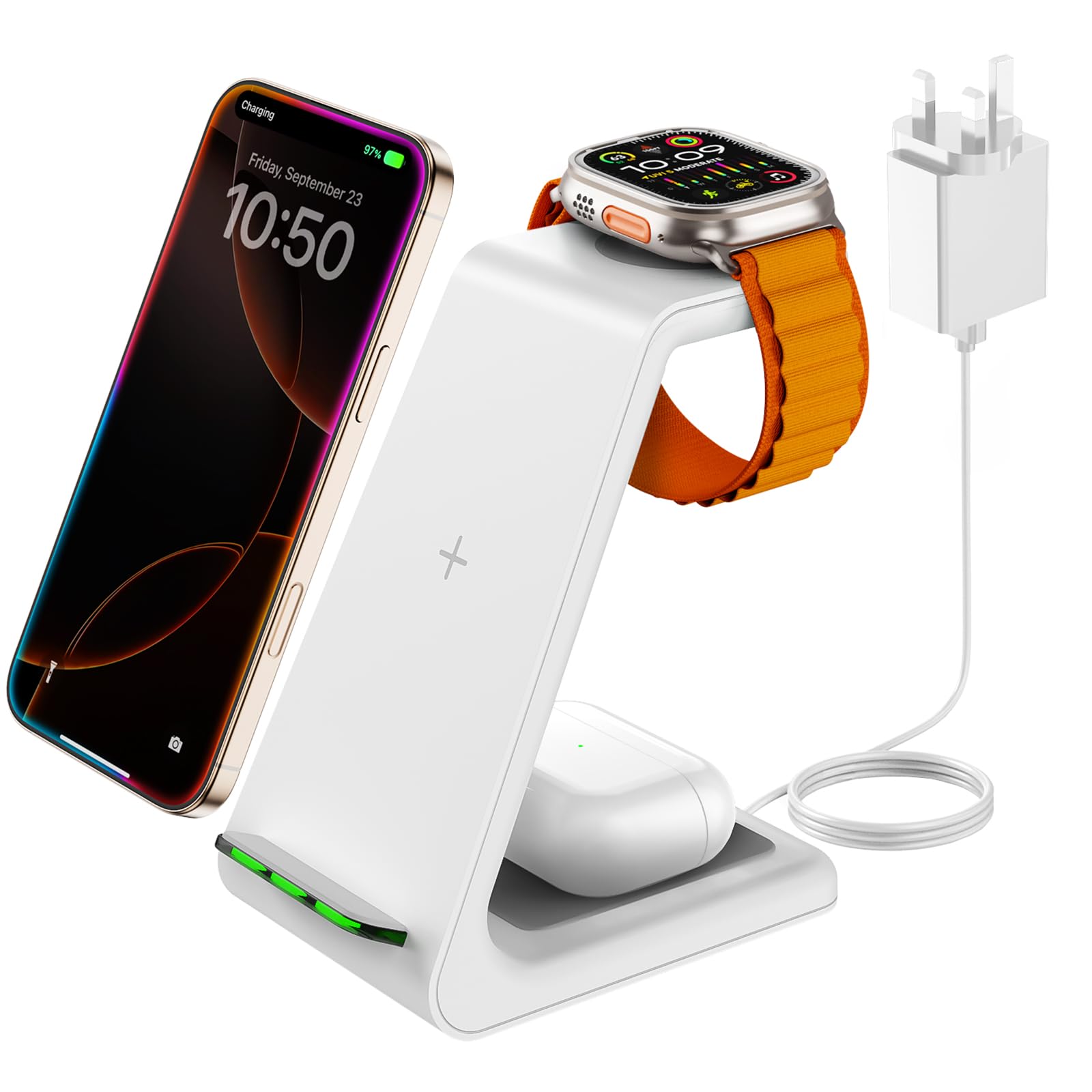 GEEKERA Wireless Charger, 3 in 1 Wireless Charging Station for iPhone Air/17/16/15/14/13/12/11/Pro Max/X/8, Phone and Watch Charger Stand for Apple Watch Ultra 3-2/11-2/SE, AirPods Pro/4/3/2, White