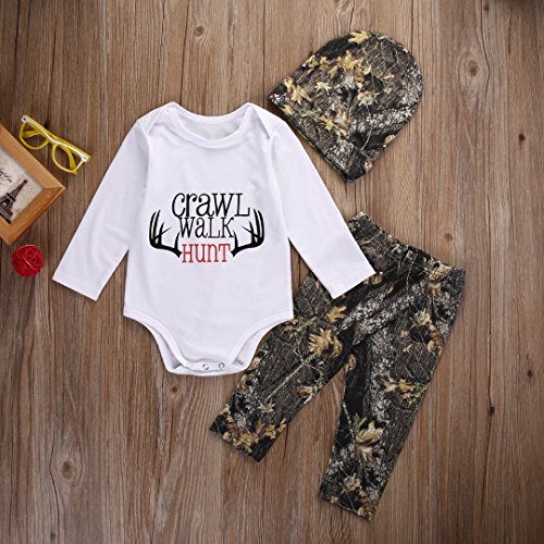 Baby Boys Crawl Walk Hunt Deer Horn Bodysuit and Pants Outfit with Hat (70(0-6M), White)