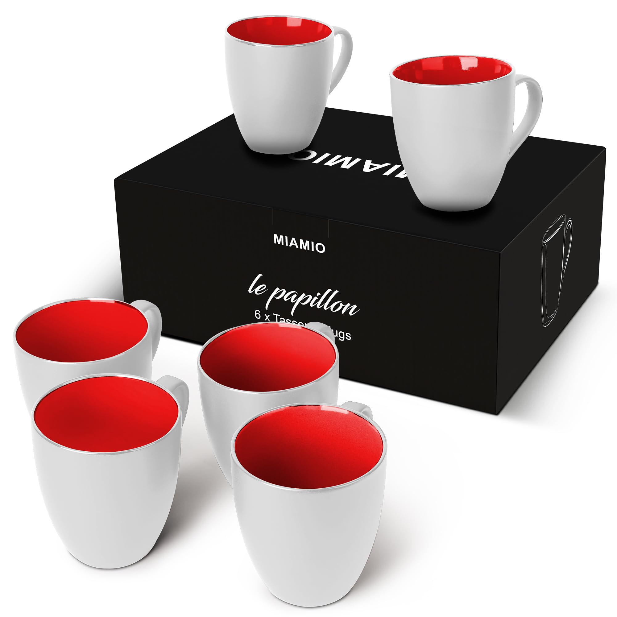 MIAMIO - Set of 6 Coffee Mugs 350 ml – Modern Ceramic Coffee Cup Set in White Red – Large Coffee Cups for Coffee, Tea and Cappuccino – Dishwasher and Microwave Safe