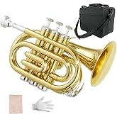 Yinfente Bb Flat Pocket Trumpet Bass Trumpet For Beginner,Student With Cleaning cloth, Silver plated 7C mouthpiece,hard case White gloves (Gold)