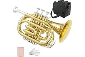 Yinfente Bb Flat Pocket Trumpet Bass Trumpet For Beginner,Student With Cleaning cloth, Silver plated 7C mouthpiece,hard case White gloves (Gold)