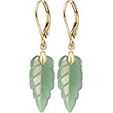 Natural Stone Drop Earrings,Yellow Gold Plated Real Crystal Quartz Jade Leaf Waterdrop Square Gemstone Dangle Earrings for Women Her