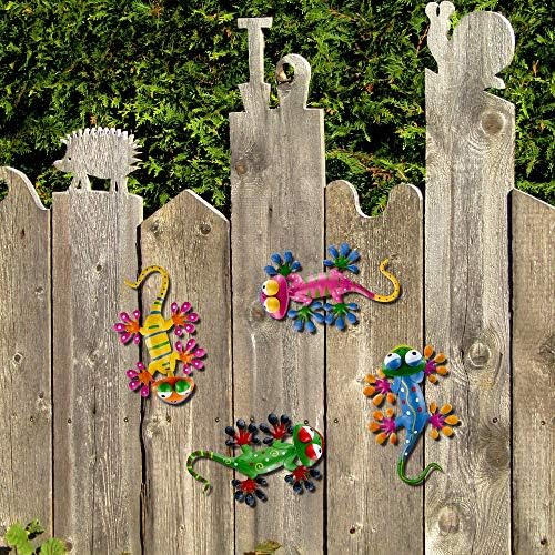 Colorful gecko metal wall art decor displayed outdoors on a fence.