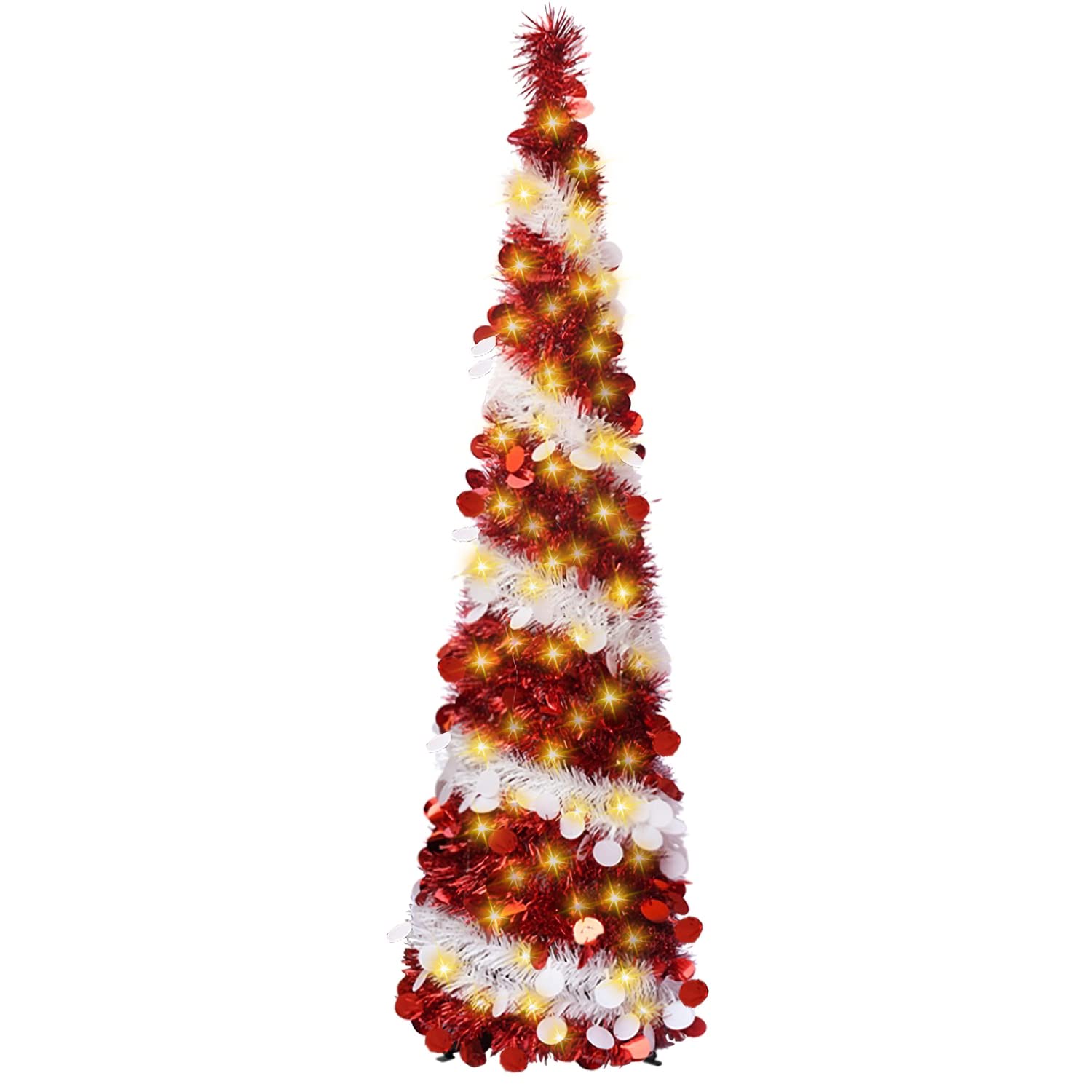 Collapsible Artificial Christmas Tree, 5ft/ 1.5m Pop up Christmas Tinsel Tree with 100LED Lights, Large Sequins Artificial Tree for Xmas Holiday Party Carnival Decorations