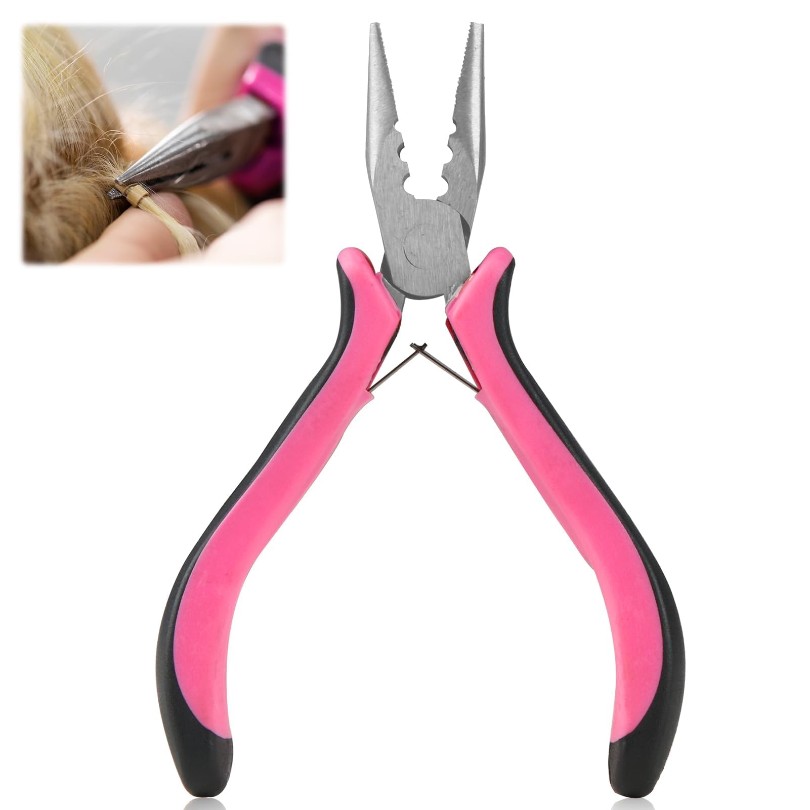 Hair Extension Pliers for Human Hair Extensions Apply and Removal 3 Hole Professional Stainless Steel Tape Hair Pliers Nano Tool with Non-Slip Grip for Removing Micro Rings, Crushing Fusion Bond, Pink