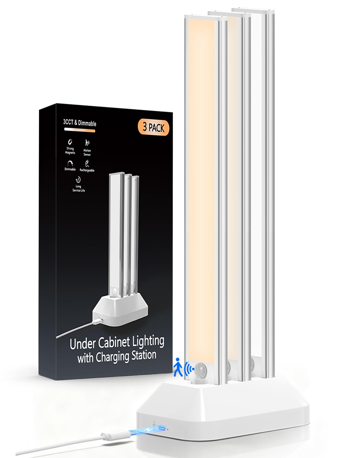 Photo 1 of 14in Under Cabinet Lighting with Charging Station, 3200mAh Rechargeable Motion Sensor Light Indoor, 3 Color Tempers Dimmable Closet Lights Wireless, Magnetic Under Cabinet Lights for Kitchen, 3-Pack