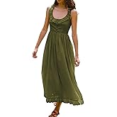 R.Vivimos Womens Summer Cotton Sleeveless Midi Dresses Vintage Lace Trim Button Up Tie Waist Casual A-Line Flowy Long Dresses