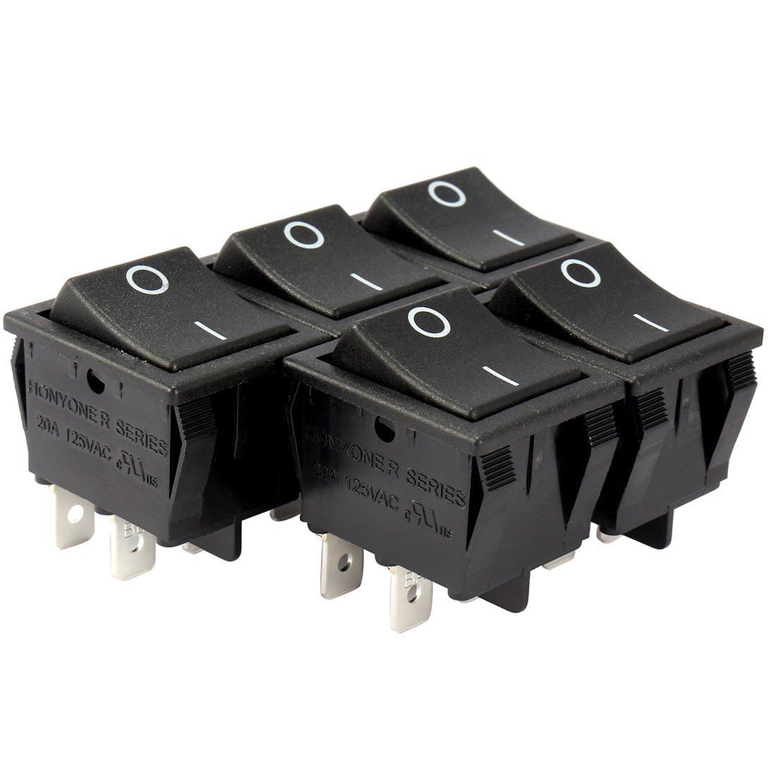 Sourcingmap 5Pcs AC 20A/125V 22A/250V DPST 4 Pins 2 Position I/O Boat Rocker Switch On Off Button Black