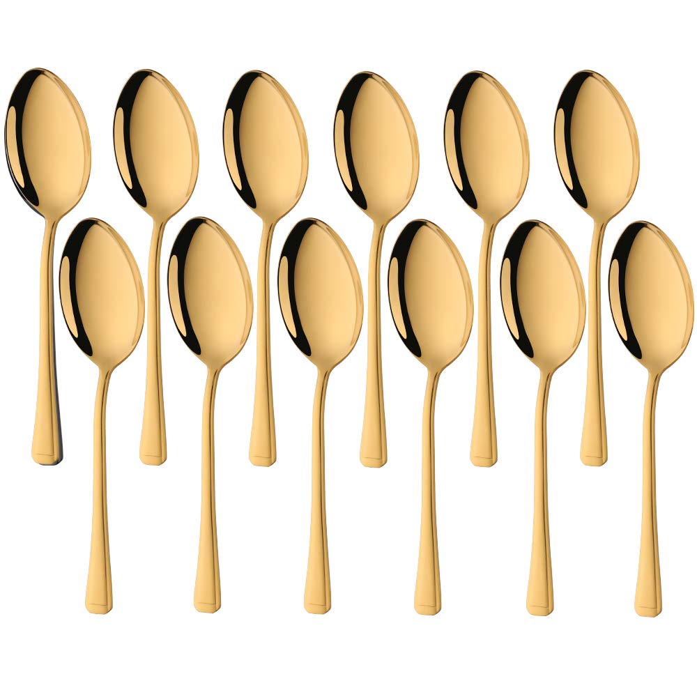 Meisha Dinner Spoons, 12-Piece Harley Pattern Stainless Steel Tablespoons Larger Size of Dessert Spoons, Mirror Polished Modern Flatware Cutlery Multipurpose Use for Kitchen, Restaurant- Gold