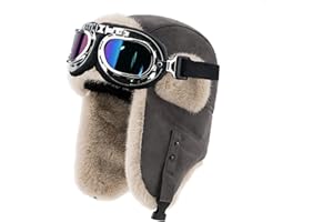KAZZHA Vintage Aviator Hat with Goggles for Adult Pilot Cap Costume Fur Trapper Hat with Ear Flaps Winter Cold Weather