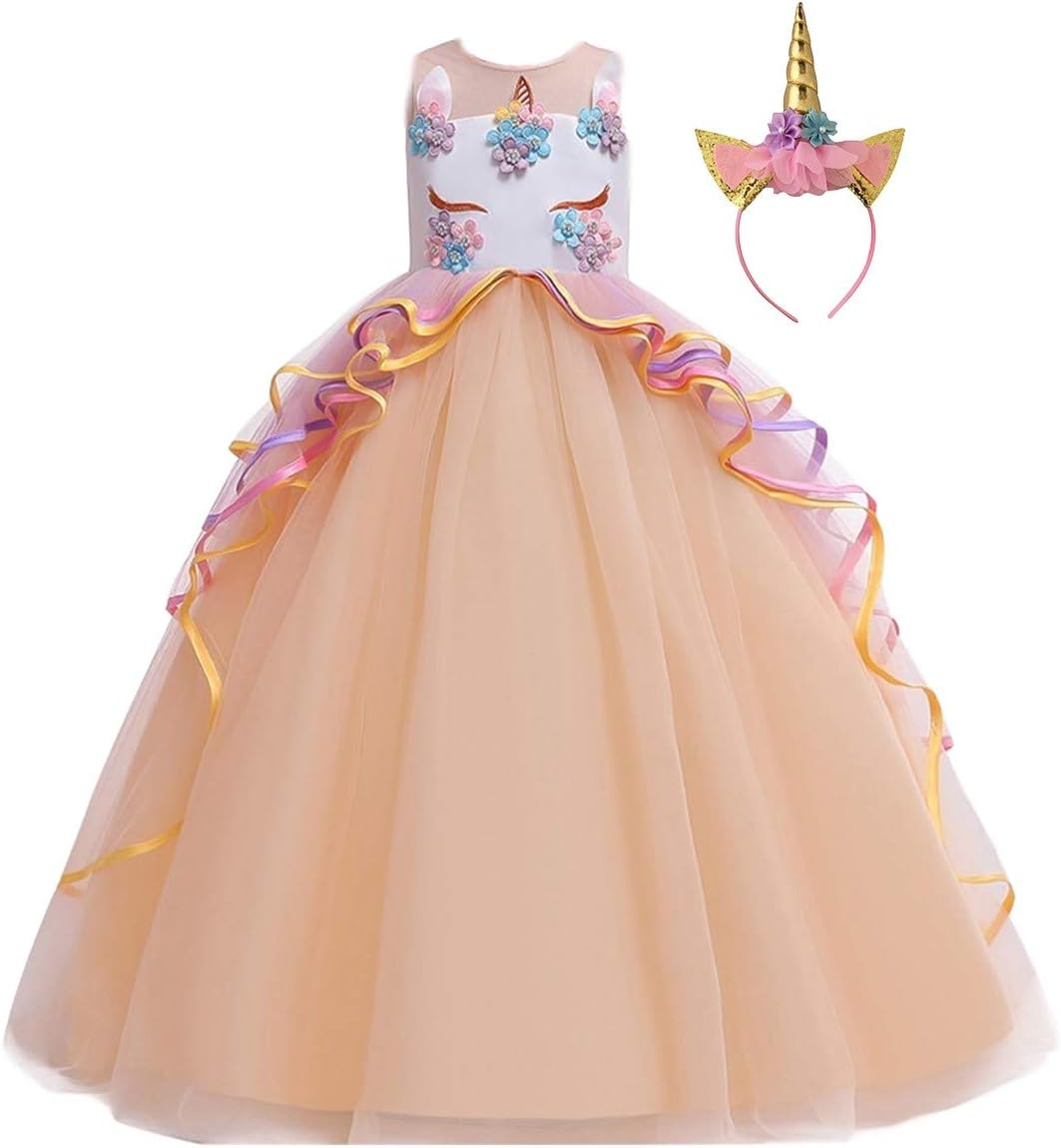 Girls Unicorn Costume Pageant Princess Party Dress Wedding Birthday Halloween Carnival Long Maxi Gown w/Headband