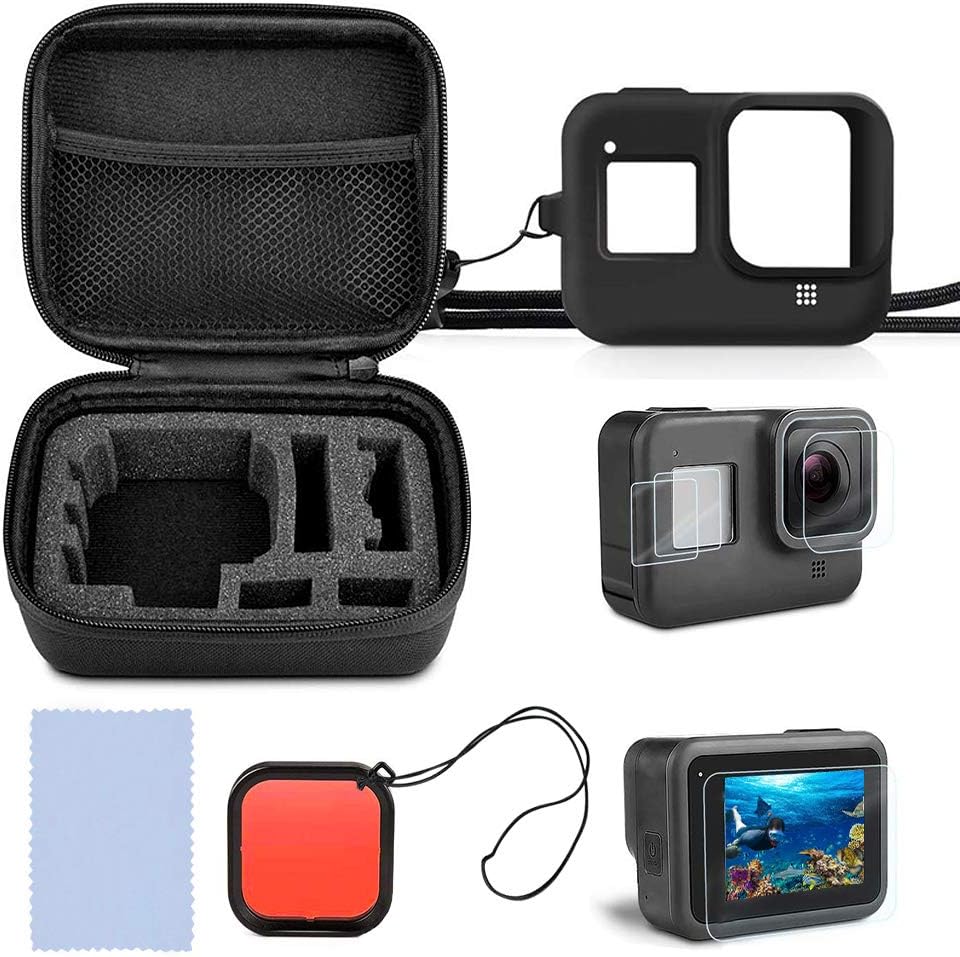 Lukovee Case Compatible with GoPro Hero 8 Black And Accessories, Perfect for Travel and Storage, 9H Hardness Tempered Glass + Premium Silicone Case + Professional RED Lens Filter, Accessories for Go Pro Hero 8 Action Camera