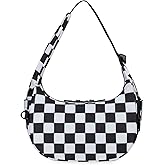FODOKO Crescent Shoulder Bag for Women Checkered Purse Small Cute Clutch Hobo Handbags Nylon Quilted