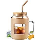 WINSA 50 oz Glass Water Bottles with Silicone Sleeve,Glass Tumbler with Lid and Straw,Iced Coffee Cup with Handle,BPA Free-Amber