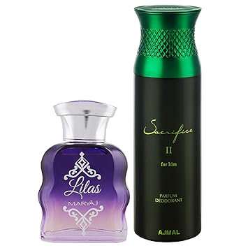 Maryaj Lilas Eau De Parfum Citrus Floral Perfume 100ml for Women and Ajmal Sacrifice II for Him Deodorant Fruity Aromatic Fragrance 200ml for Men + 2 Parfum Testers FREE