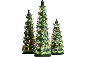 Retro Hand-Painted Tabletop Christmas Tree with LED Lights, Tabletop Prelit Ceramic Christmas Tree, Glossy Finish Holiday Dec