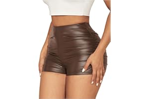 PRSFPN Faux Leather Shorts for Women Ruched Mini Short High Waist Sexy Rave