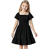 Magic Park 4-15Y Kid Flutter Sleeve Dress Square Neck Tie-Back Dresses Off Shoulder Dress Tween Girl Solid Color A-line Skirt