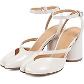 Agodor Women's Chunky Block High Heels Split Toe Pumps Ankle Strap Slingback Heels Tabi Shoes Comfort Dress Heeled Sandals White US8
