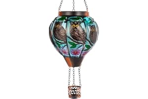 DREAMSKIP Owl Solar Hot Air Balloon Lantern with Flame, Glass Hot Air Balloon Solar Lantern Outdoor Waterproof, Decorative Hanging Hot Air Balloon Solar Light for Outside Garden Patio Tree Porch Yard