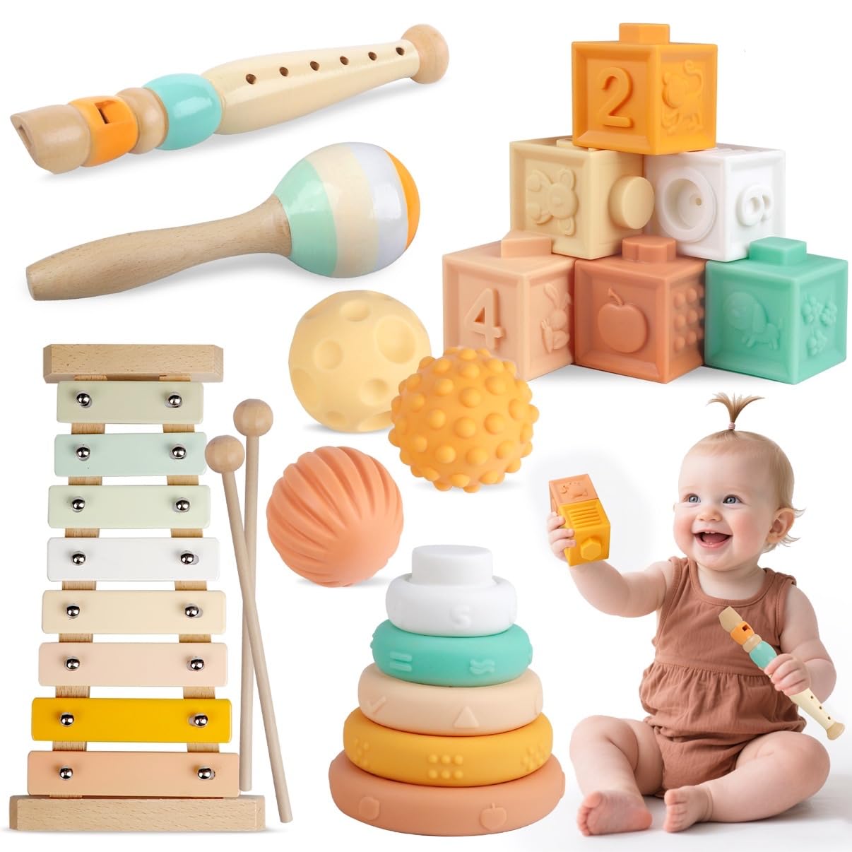 Photo 1 of ***CHECK CLERK NOTES*** Baby Toys 6-12 Months Montessori Toys for Babies 9 Months,Wooden Musical Instruments Toy Stacking Building Blocks,Infant Teething Toys Sensory Balls,Xylophone,Birthday Gift for Toddlers 1+ Year Old